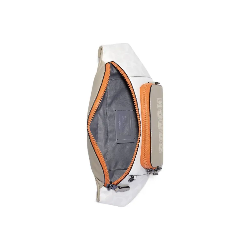 COACH Track Canvas With Calfskin Fanny Pack Large Size Men's White & Orange & Milk Tea Brown-2