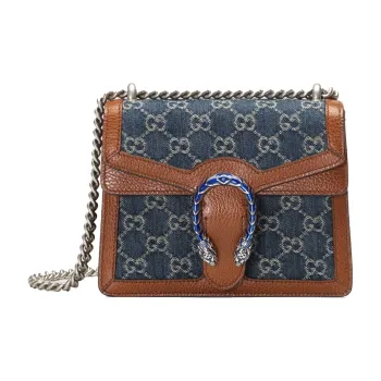 GUCCI Dionysus Denim With Leather Trim Crossbody Bag Shoulder Bag Women's Gray Blue & Brown