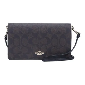 COACH Anna Canvas With Leather Flap Shoulder Bag Small Size Women's Dark Brown Monogram