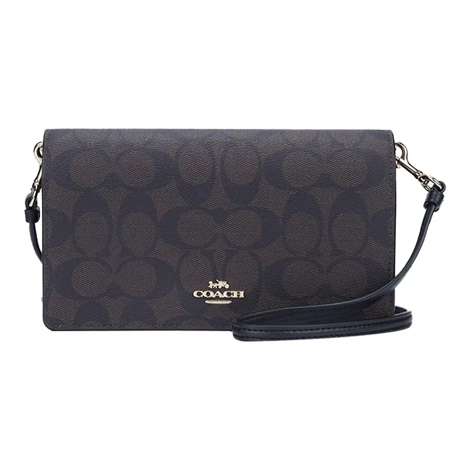COACH Anna Canvas With Leather Flap Shoulder Bag Small Size Women's Dark Brown Monogram-0