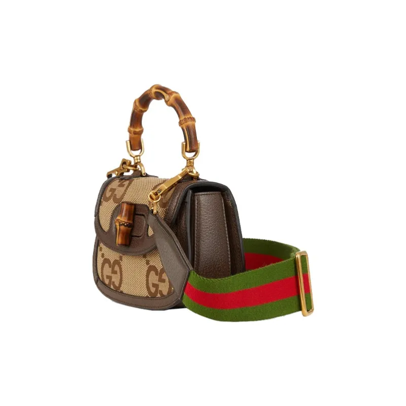 GUCCI Bamboo 1947 Canvas With Leather Trim Bamboo Bag Canvas Bag, Handbag, Shoulder Bag Mini Women's Ebony/Camel/Brown-1