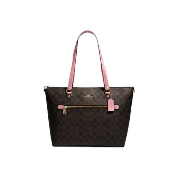 COACH Gallery Canvas Leather Tote Bag, Shopping Bag, Shoulder Bag Women's Dark Brown Monogram Color & Pink