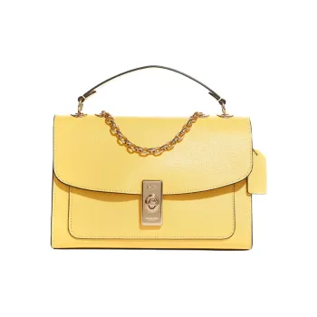COACH Pebbled Leather Portable Crossbody Bag Shoulder Bag Large Size Women's Cream Yellow With Gold Zip Closure