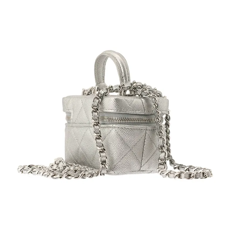 CHANEL Litchi Grain Cow Leather Box Bag, Handbag, Shoulder Bag, Crossbody Bag Trumpets Women's Silver-3