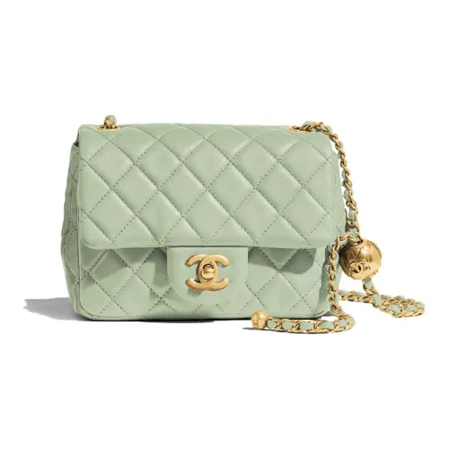 CHANEL Cow Leather Mini Square Flap Bag, Gold Ball Bag, Shoulder Bag Women's Green