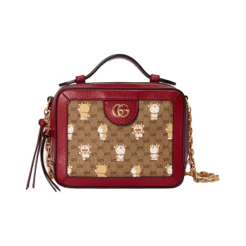 GUCCI Doraemon Collaboration Canvas With Leather Box Bag, Handbag, Shoulder Bag, Crossbody Bag Mini Women's Brown & Red