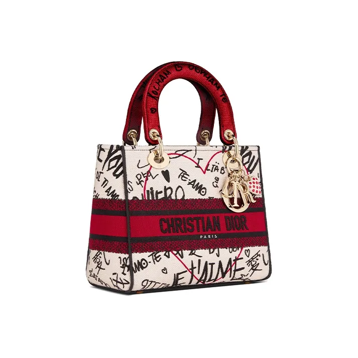 DIOR Lady Dior Embroidery Dior Bag Shoulder Bag Crossbody Bag Handbag Medium Size Women's White/Red-2
