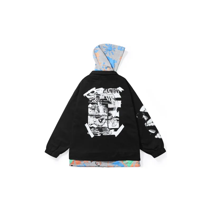GENANX Loose Fit Mock Two Piece Jacket Unisex Black Gray-1