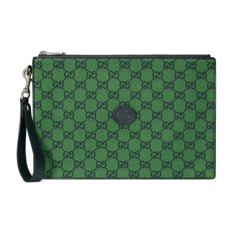 GUCCI Canvas With Leather Wristband Canvas Bag Clutch Unisex Green/Dark Blue-0