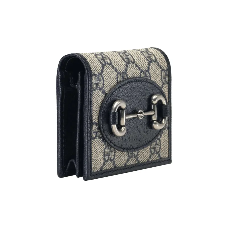 GUCCI Horsebit 1955 Canvas Double Fold Card Holder, Wallet Unisex Blue-1