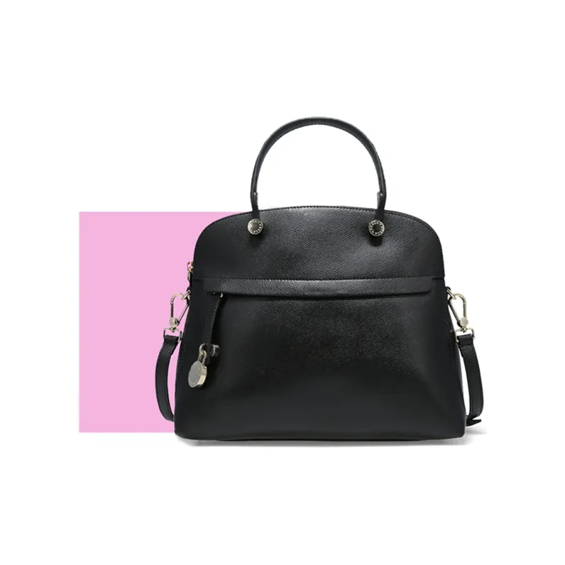Furla Piper Collection Leather Tote Bag Shopping Bag Shoulder Bag Handbag Medium Size Women's Black-4