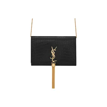 SAINT LAURENT KATE Shiny Cow Leather Wallet Fringe Crossbody Bag Shoulder Bag Women's Black