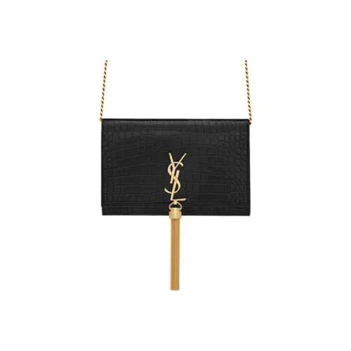 SAINT LAURENT KATE Shiny Cow Leather Wallet Fringe Crossbody Bag Shoulder Bag Women's Black