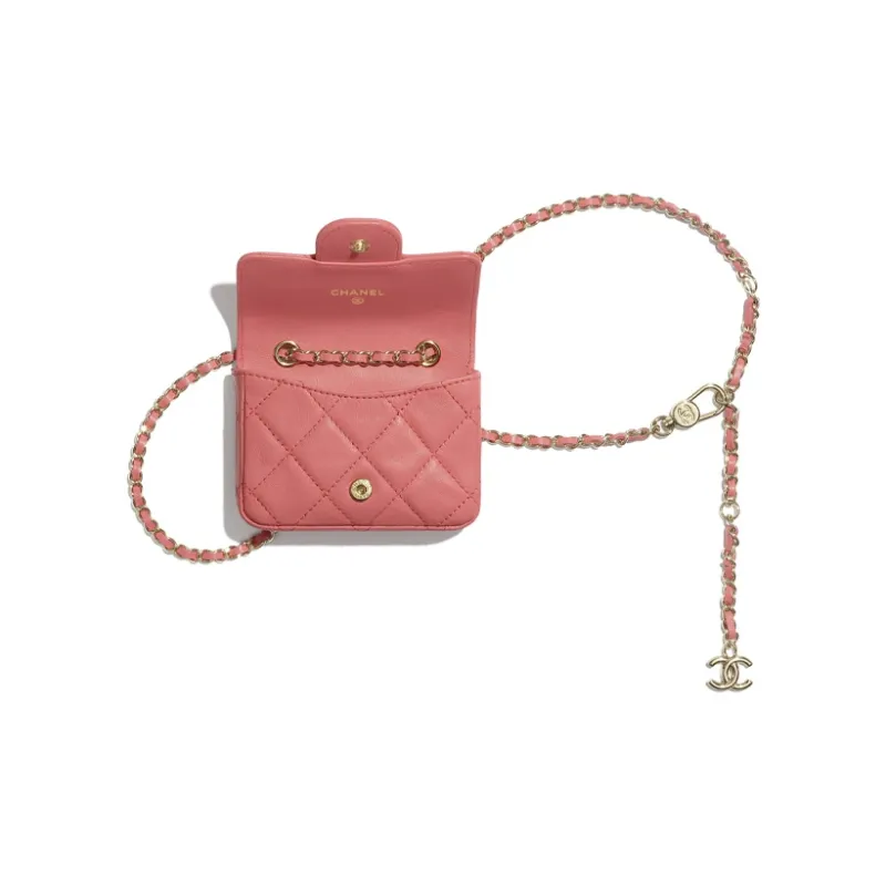 CHANEL Lambskin & Gold Metal Card Holder Waist Chain Fanny Pack Women's Coral-3