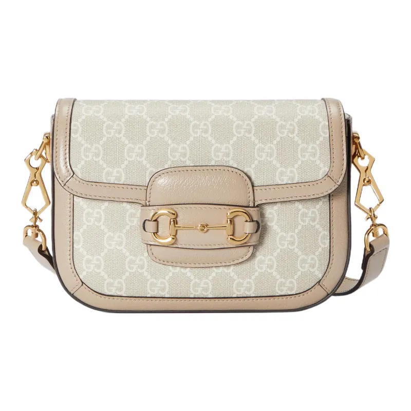 GUCCI Horsebit 1955 Canvas With Leather Saddle Bag, Shoulder Bag, Crossbody Bag Mini Women's Beige/White-2