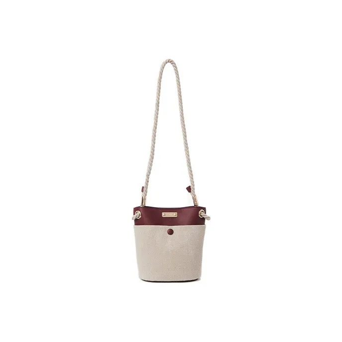Chloe Key Linen Bucket Bag, One Shoulder Handbag, Crossbody Bag Small Size Women's Burgundy-4