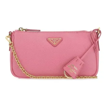 PRADA Leather With Nylon Shoulder Bag Unisex Pink