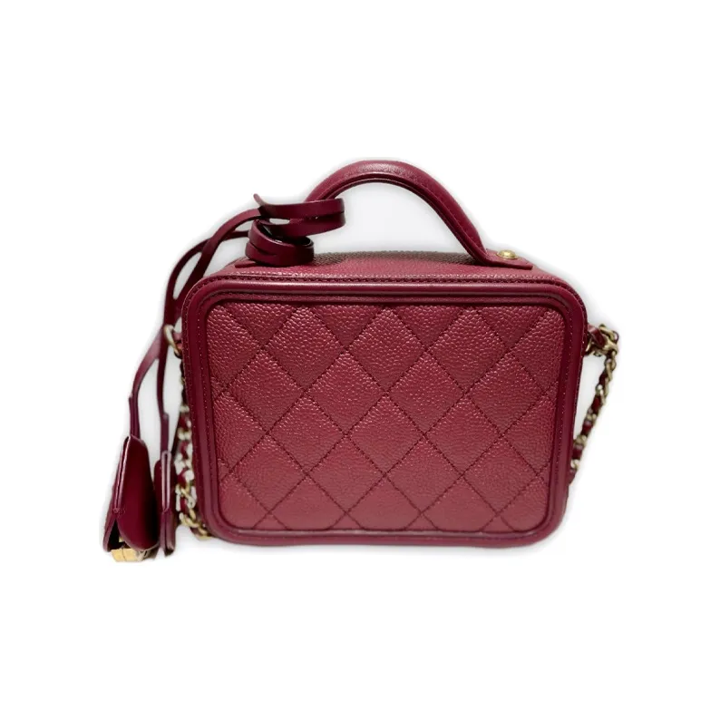 CHANEL Litchi Grain Calfskin Makeup Bag, One Shoulder Handbag, Crossbody Bag Trumpets Women's Dark Red-1