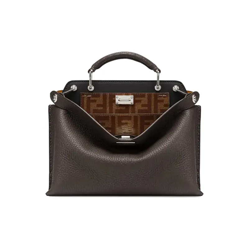 FENDI Peekaboo Embossed Leather One Shoulder Handbags Men's Brown-0