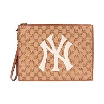GUCCI NY Yankees New York Yankees Collaboration Canvas With Leather Clutch Regular Unisex Coffee