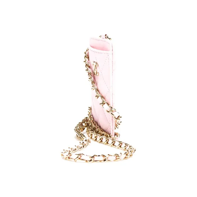 CHANEL 22c Early Spring Grain Embossed Calfskin Necklace Pouch Card Holder Women's Pink-1