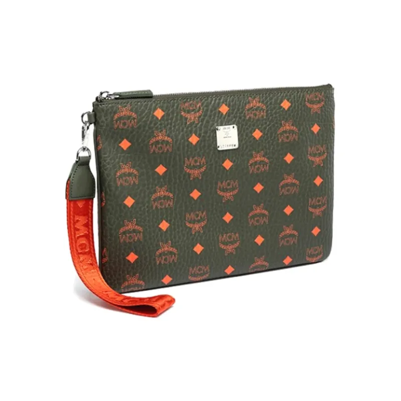 MCM Essential Visetos Origina Artificial Leather Handheld Wrist Clutch Medium Size Men's Moss Green-1