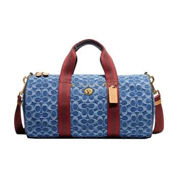 COACH Metropolitan Denim Fabric Canvas With Leather Handbag Crossbody Bag Travel Bag Large Size Unisex Denim & Red