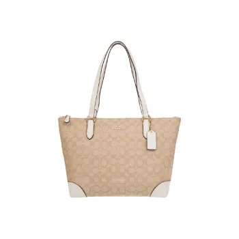 COACH Leather Tote Bag, Shopping Bag, Handbag, Shoulder Bag Women's White & Khaki Monogram
