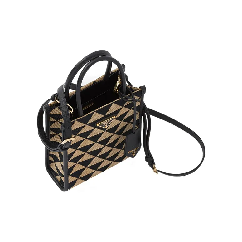 PRADA Symbole Embroidered Fabric Tote Bag Shopping Bag Handbag Small Size Women's Black/Beige Yellow-2