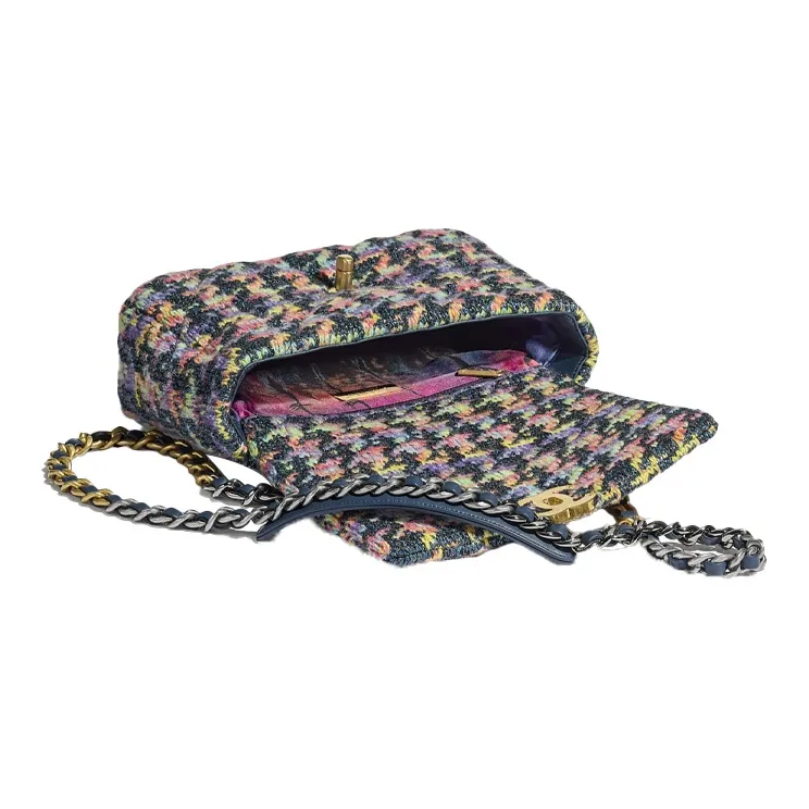 CHANEL 19Bag Knitted Fabric Shoulder Bag, Crossbody Bag Women's Gray & Multicolor-3