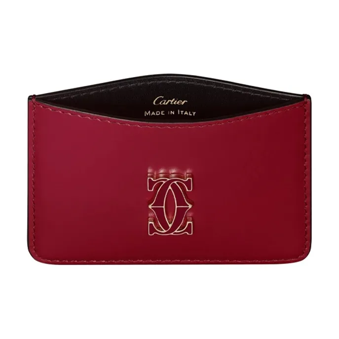 CARTIER Double C Cow Leather Card Holder Women's Cherry Red-2