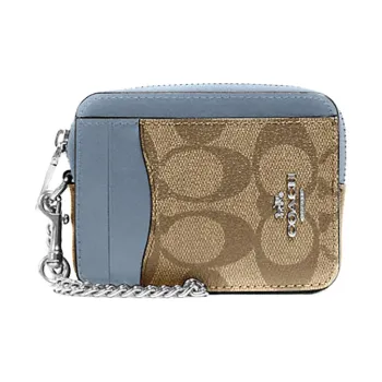 COACH Card Case Canvas With Leather Zip Closure Coin Purses Card Holders Mini Women's Khaki & Marble Blue