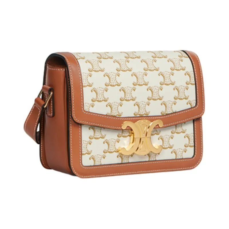 CELINE Triomphe Arc De Triomphe Canvas With Leather Shoulder Bag, Portable Crossbody Bag Medium Size Women's White-1