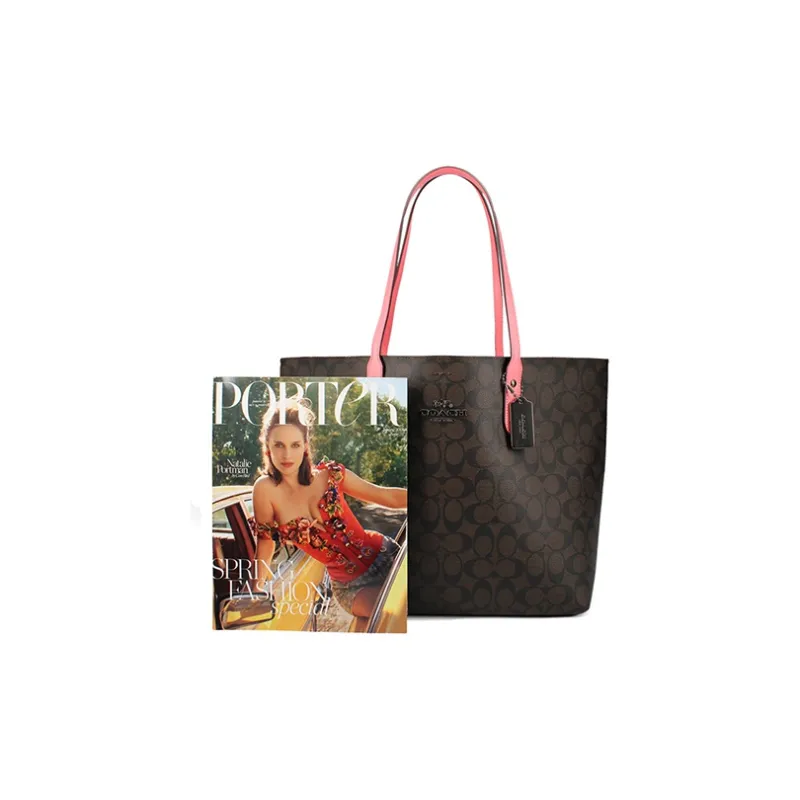 COACH Canvas With Leather Tote Large Size Women's Dark Khaki With Pink-4