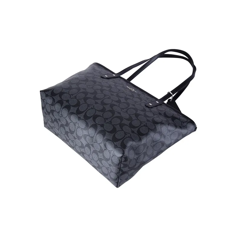 COACH City Zip Tote Canvas With Leather Tote Bag, Shopping Bag, Handbag, Shoulder Bag Women's Black-3