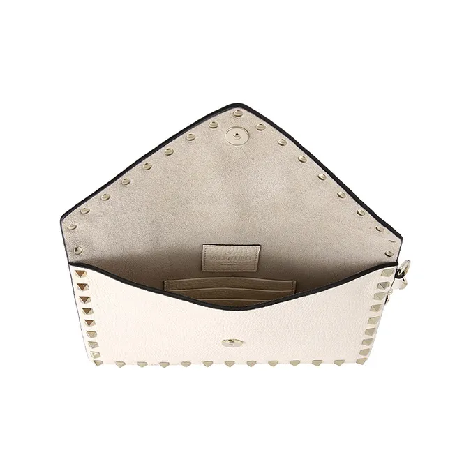Valentino Rockstud Calfskin Wallet Clutch Women's Ecru-4