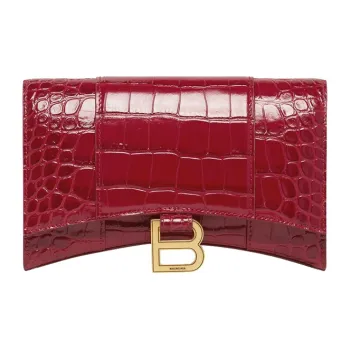 Balenciaga Hourglass Embossed Cow Leather Chain Strap Wallet Women's Dark Red