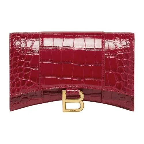 Balenciaga Hourglass Embossed Cow Leather Chain Strap Wallet Women's Dark Red