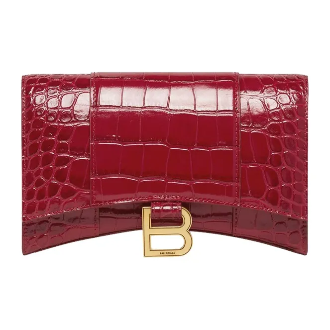 Balenciaga Hourglass Embossed Cow Leather Chain Strap Wallet Women's Dark Red-0