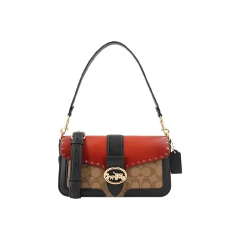 COACH Georgie Cow Leather God Of Wine Bag, Shoulder Bag, Portable Crossbody Bag Women's Red & Brown Monogram
