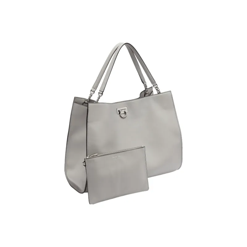 FERRAGAMO Trifolio Cow Leather Tote One Shoulder Handbag Women's Light Gray-2