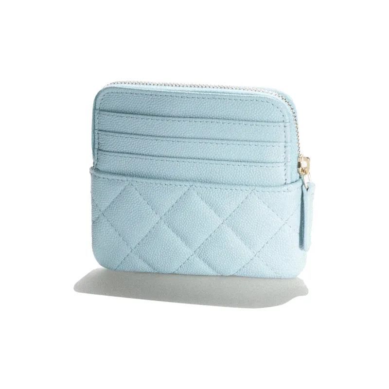 CHANEL Shiny Grain Calfskin Zippers Card Holder Clutch Wallet Women's Blue-1