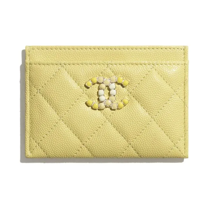 CHANEL Caviar Calfskin And Metal Card Holder Women's Yellow-0
