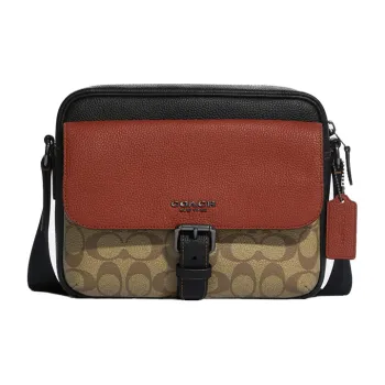 COACH Hudson Coated Canvas With Leather Crossbody Bag Shoulder Bag Women's Brown Red & Khaki