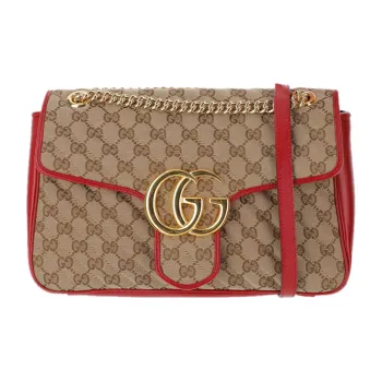 GUCCI Marmont Quilting Canvas With Leather Chain Shoulder Bag Crossbody Bag Medium Size Women's Ebony/Red