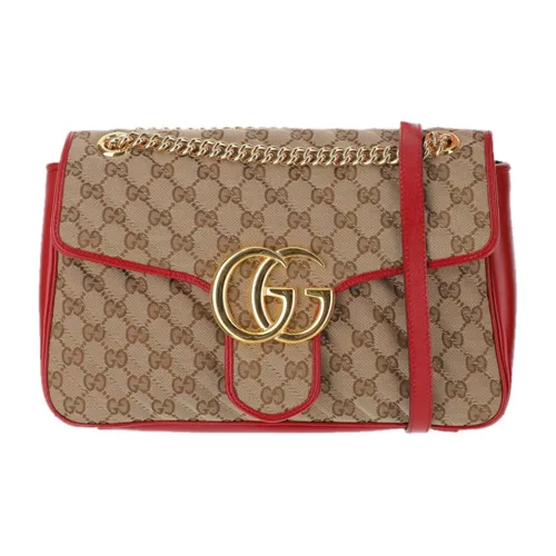 GUCCI Marmont Quilting Canvas With Leather Chain Shoulder Bag Crossbody Bag Medium Size Women's Ebony/Red
