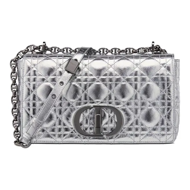 DIOR Caro Cow Leather Shoulder Bag, Crossbody Bag Medium Size Silver-0