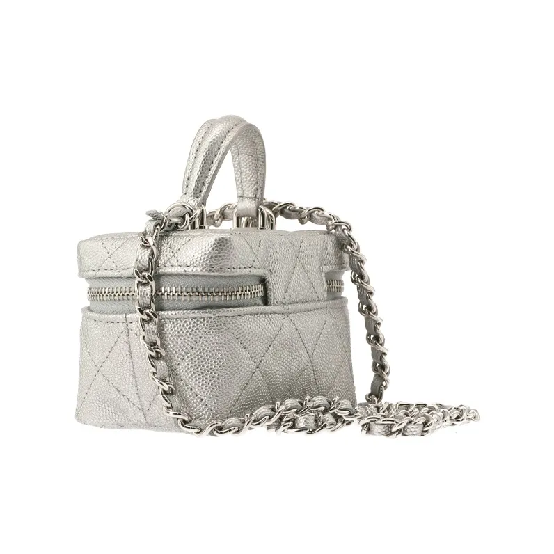 CHANEL Litchi Grain Cow Leather Box Bag, Handbag, Shoulder Bag, Crossbody Bag Trumpets Women's Silver-5