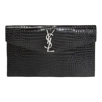 SAINT LAURENT Uptown Pouch Shiny Crocodile Look Leather Black