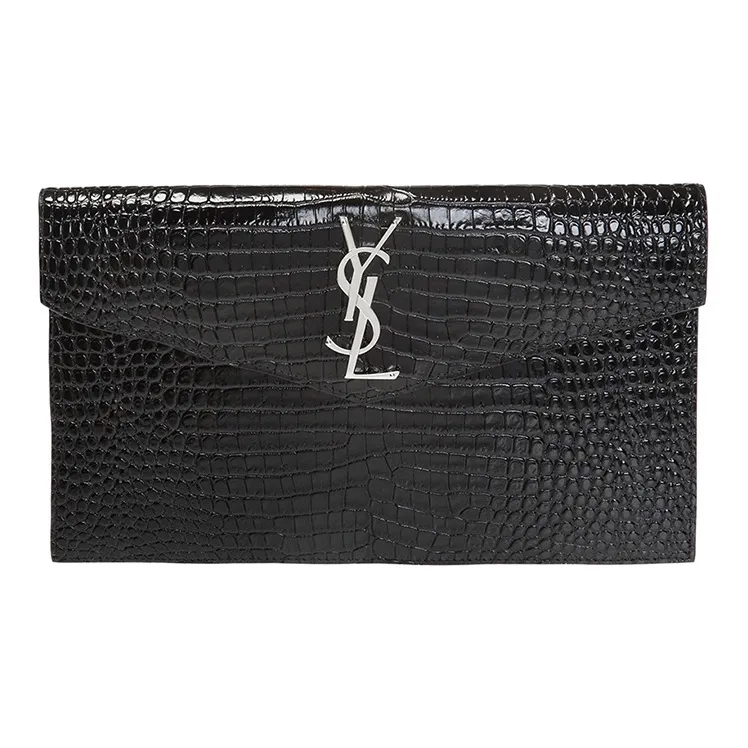 SAINT LAURENT Uptown Pouch Shiny Crocodile Look Leather Black-0